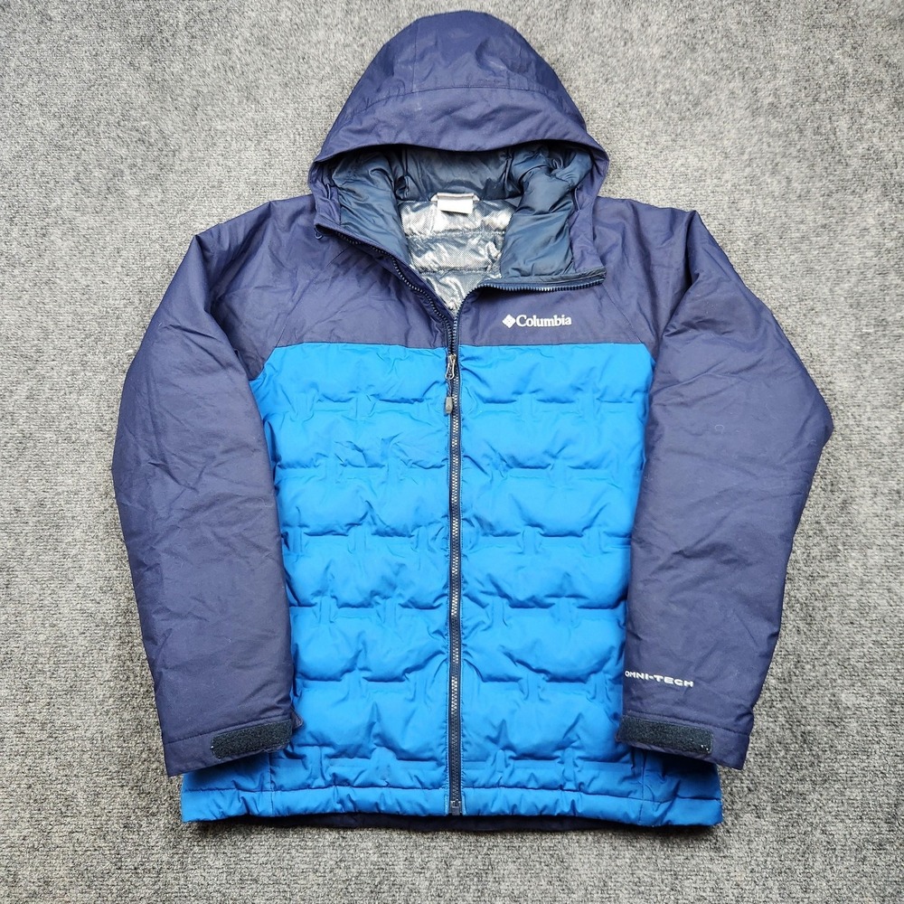 Columbia Grand Trek III Puffer Jacket Mens Small Blue Hooded Omni-Tech 650 Down